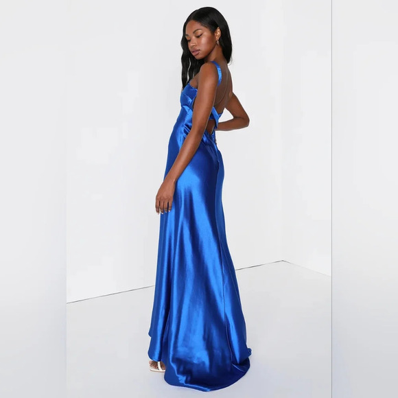 Lulus Perfectly Classy Royal Blue Satin Strappy Maxi Dress Wedding Party Prom - Picture 4 of 8